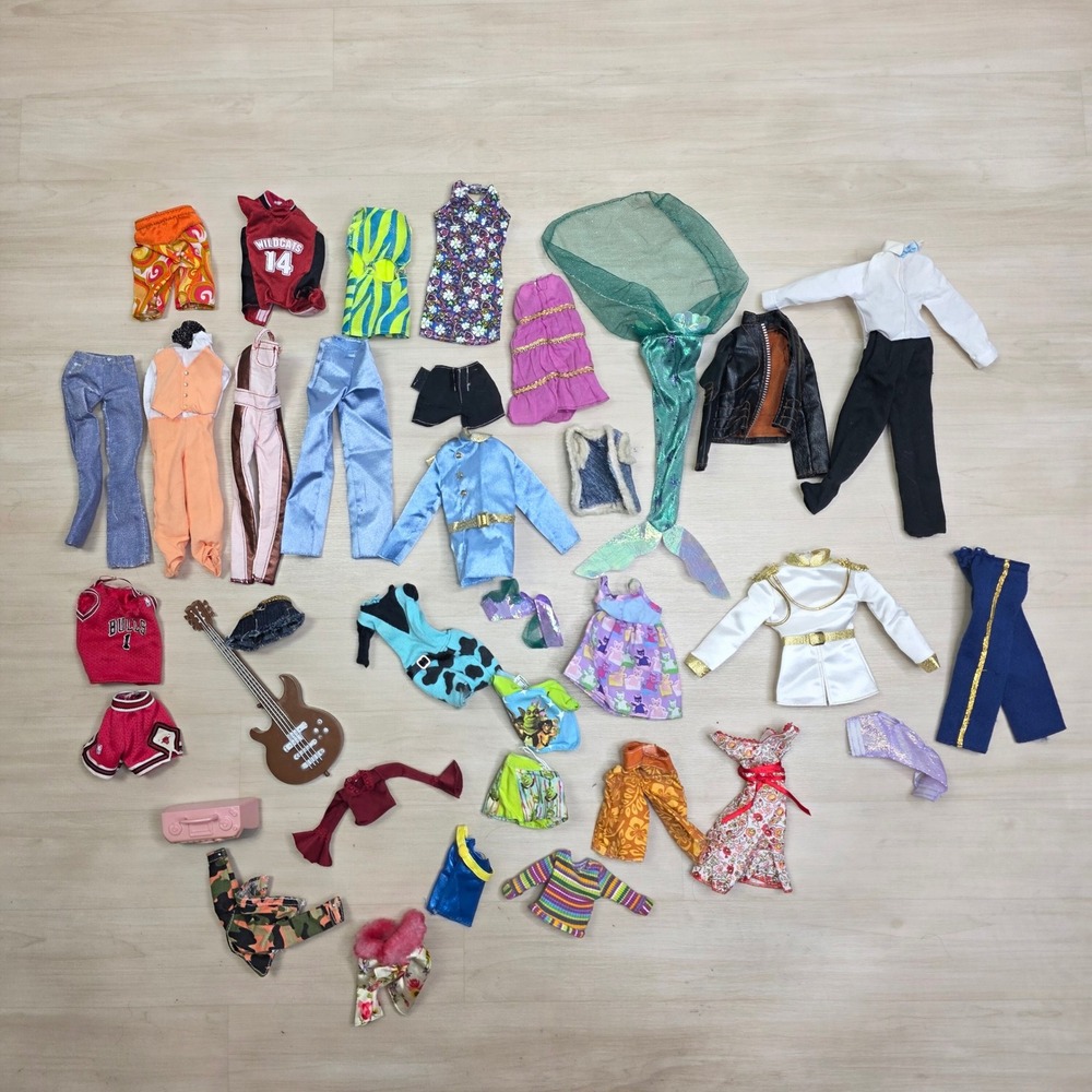 Barbie Mixed Lot Doll Clothes Accessories Shrek Bulls Mermaid Tail Guitar 35 pc